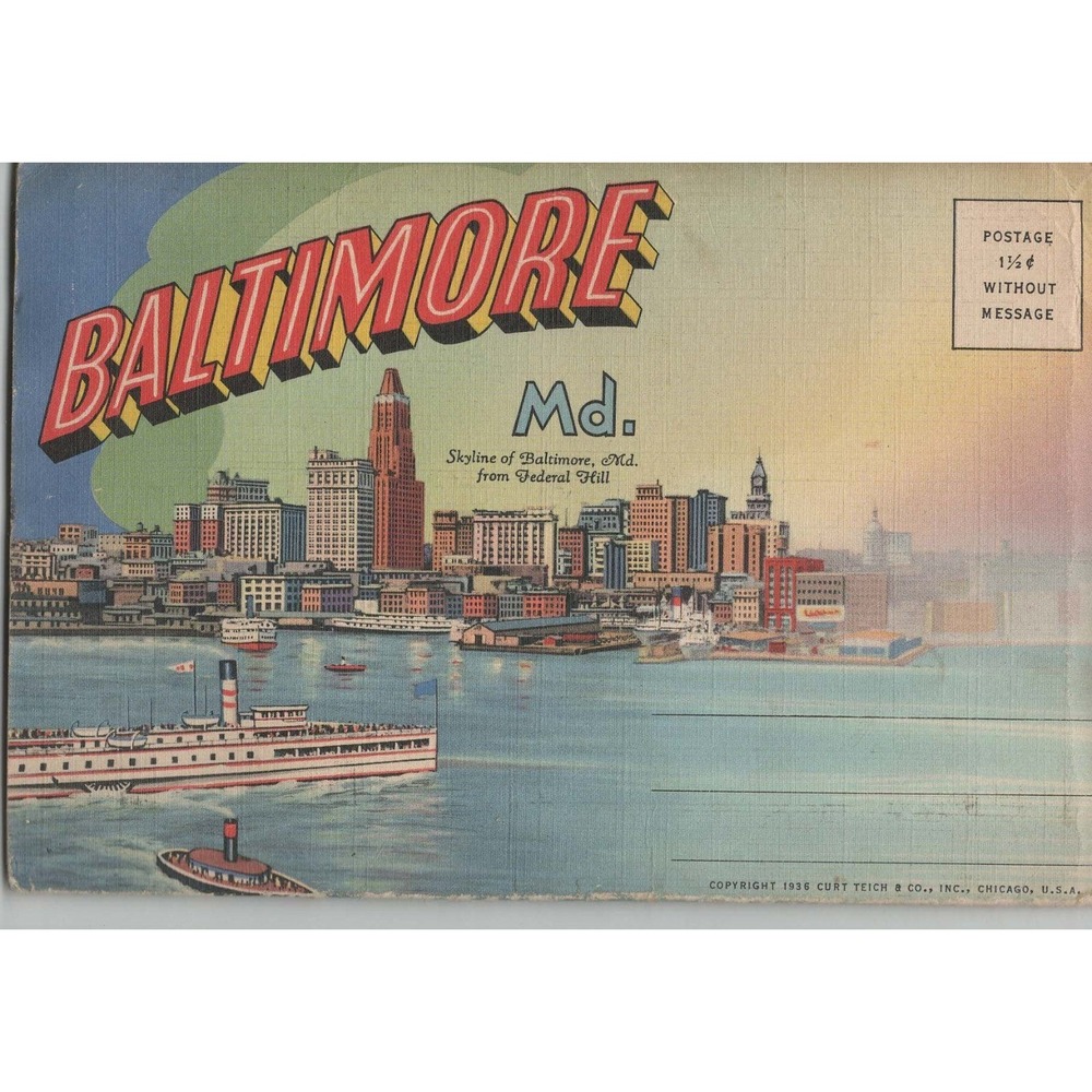 Greetings From Baltimore Maryland MD Large Letter Linen Postcard c1930s-1940s - Picture 2 of 2
